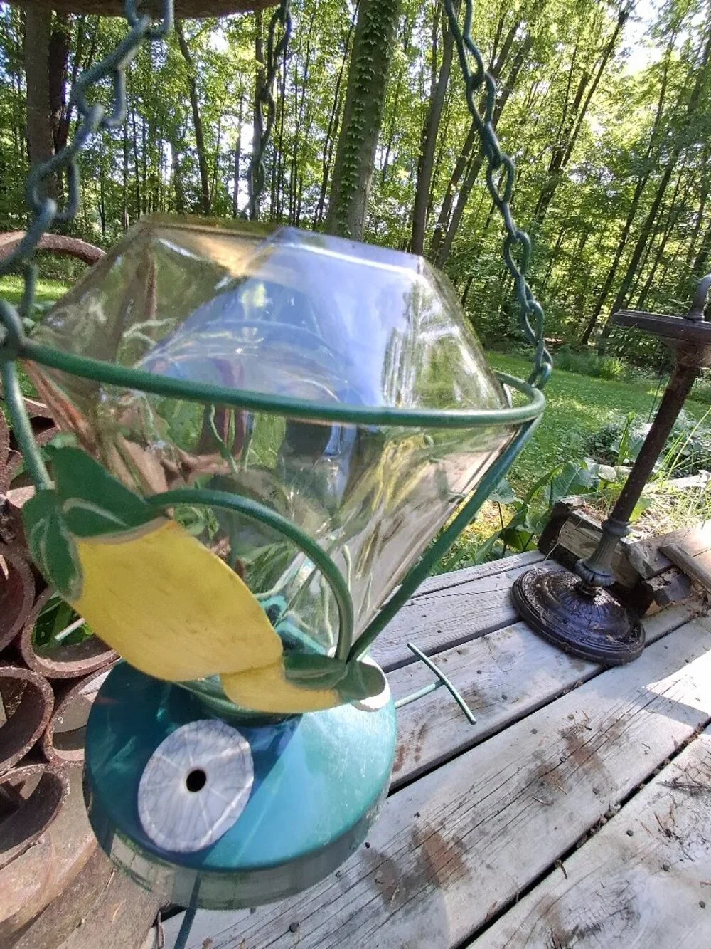 Vintage Glass with Metal Lemons Hummingbird Feeder